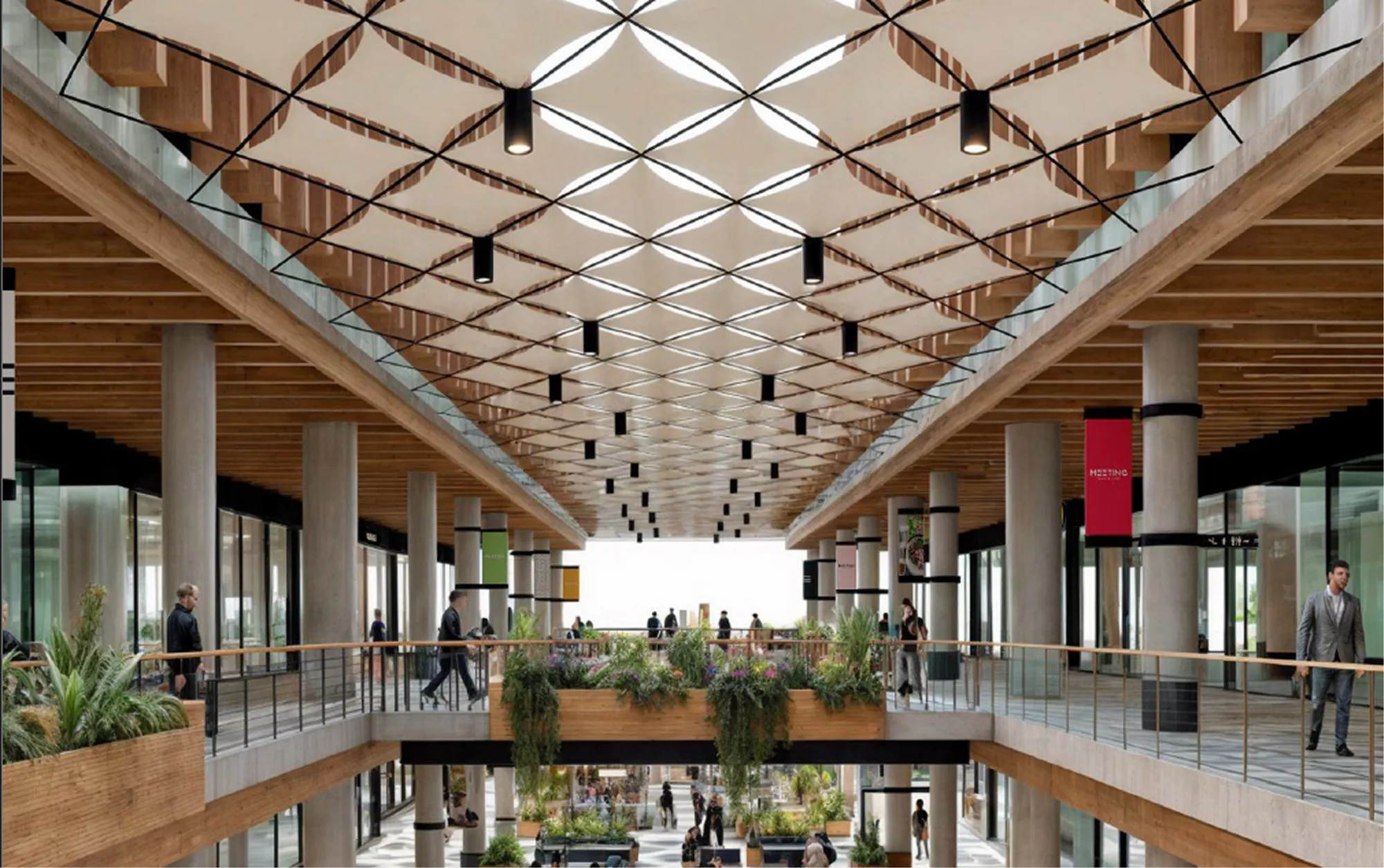 Render del centro comercial de Canning donde abre Baires Grill, con galerías de madera en dos niveles